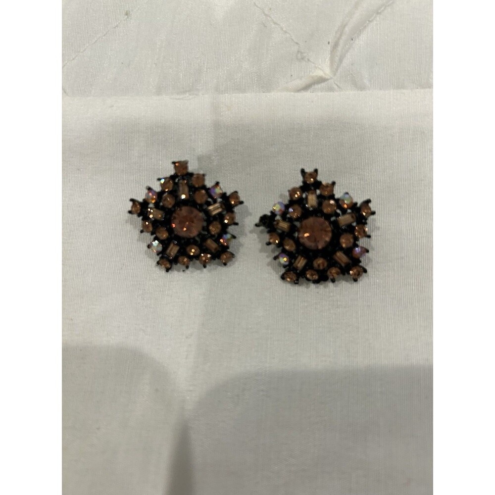 Vintage Brown, Black And Copper Color Rhinestone Earrings Clip-On Black Base